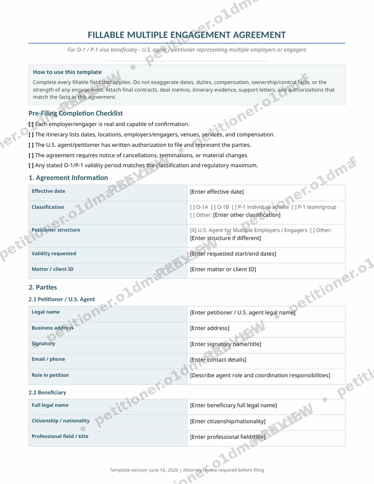 Watermarked first page of the Multiple-Engagement Agreement, the core athlete visa agent agreement in the package